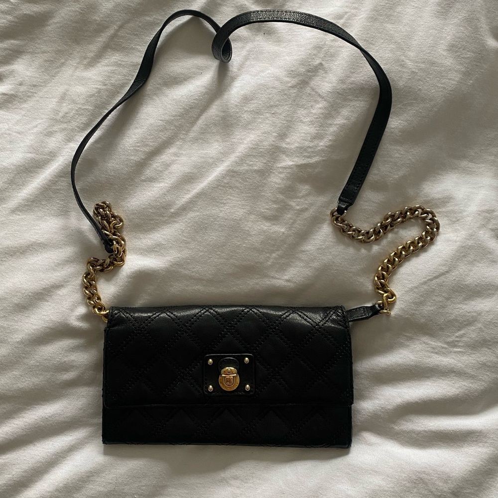 MARC JACOBS quilted black leather wallet on chain with gold hardware